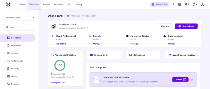 Bảng điều khiển hPanel