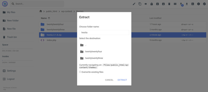 Giải nén file trong File Manager của hPanel
