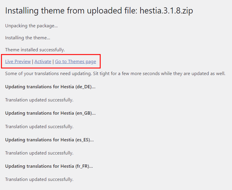 Tải lên theme WordPress mới thành công